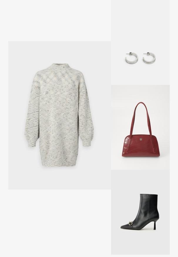 Abito maglione grigio chiaro con lavorazione a maglia testurizzata, scollo alto e maniche oversize. Motivo a pois discreti su tutta la stoffa.; Stivale alla caviglia in pelle nera con punta affusolata, tacco sottile di media altezza e dettaglio in fibbia argentata sul lato, su sfondo semplice.; Borsa a spalla trapuntata rossa realizzata in materiale lucido, con due manici lunghi e un'accento con logo argentato. La cucitura diagonale crea una texture.; Orecchini a cerchio in argento con una superficie liscia e una fila di piccole pietre trasparenti lungo il bordo inferiore, dotati di chiusura a perno.