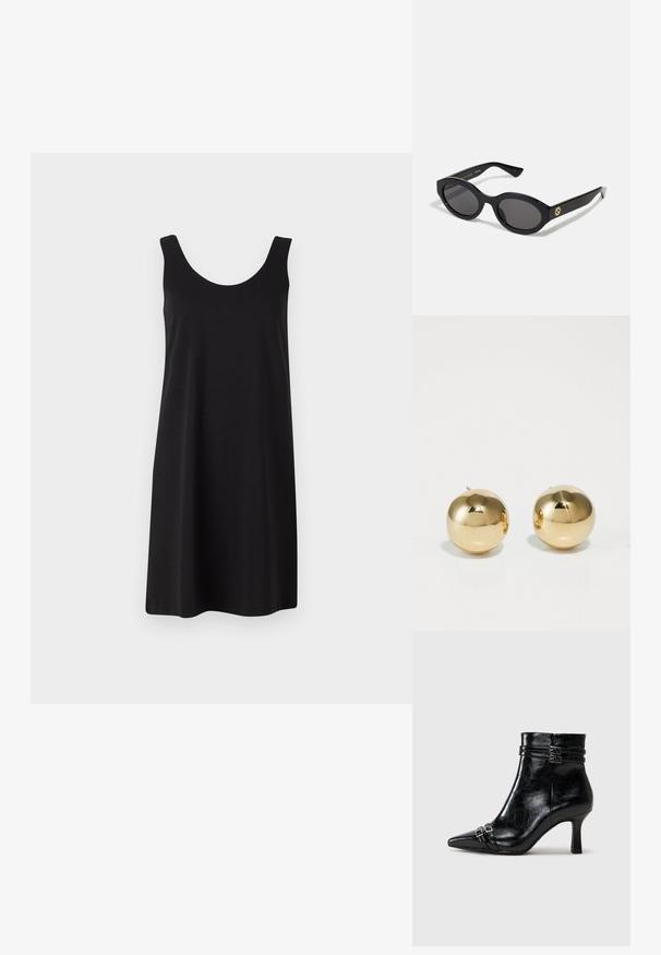 Musta hihaton mekko, jossa on pyöreä kaula-aukko, valmistettu sileästä kankaasta, suoran siluetin ja polvipituisen muotoilun omaava.; Tamaris Kiilakorkonilkkurit - black; Mustat soikeat aurinkolasit tummilla linsseillä ja kiiltävästä muovista valmistetulla kehällä. Varustettu kullanvärisellä logolla temppeleissä, tarjoten tyylikkään ja modernin muotoilun.; Kultaiset pallomaiset nappikorvakorut, joissa on kiiltävä pinta ja pieni tappi. Ominaisuuksina sileä tuntuma ja heijastava pinta.
