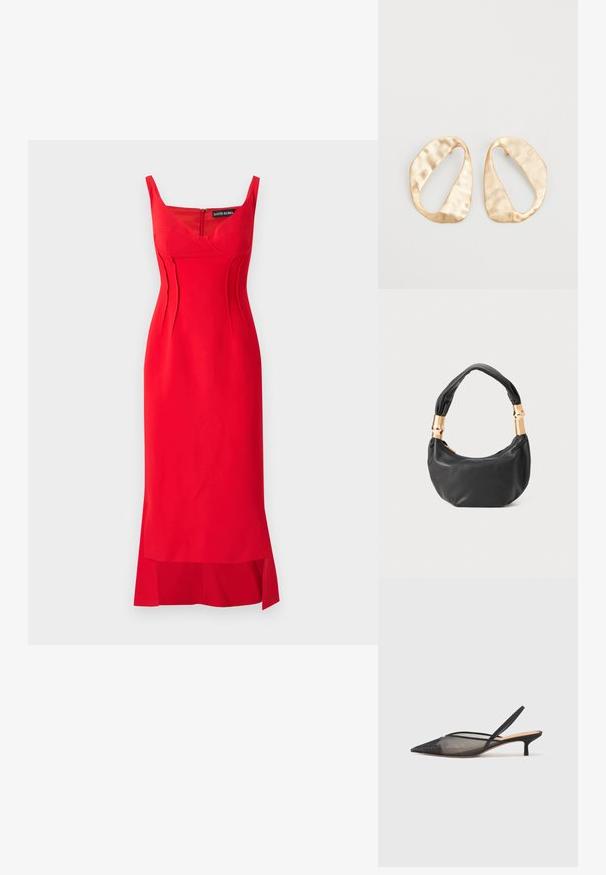 Rdeča obleka iz gladkega blaga z oprijetim krojem, ki ima srčast izrez, vertikalne šive in stranski razporek na robu.; NEOUS IRENA - Klasične pete - black; Črna usnjena torbica okrogle oblike, mehke teksture, z vozlanim ročajem in zlatimi kovinskimi dodatki. Zadrga za zapiranje.; Par nenavadno ovalnih zlatih metalnih uhani s teksturirano, rahlo udarjeno površino na belem ozadju.