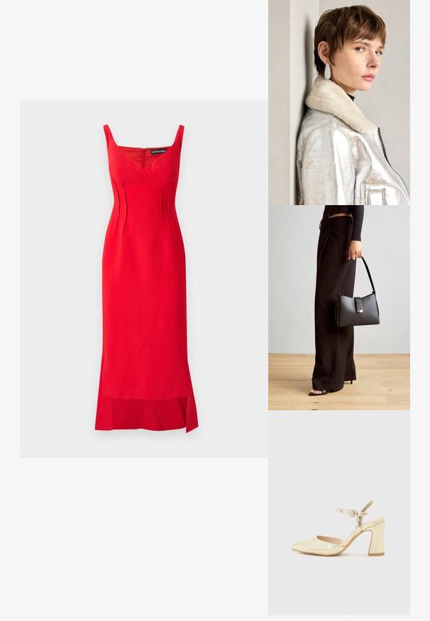 Červené šaty vyrobené z hladké látky se přiléhavým střihem, s výstřihem ve tvaru srdce, vertikálními švy a bočním rozparkem na lemu.; Zlatý metalický lodičkový bot s špičatou špičkou, kotníkovým páskem se zakulaceným zapínáním a designem masivního podpatku. Hladká textura.; Černá kabelka se strukturovaným tvarem, hladkým povrchem a kovovým uzávěrem. Kombinována s širokými černými kalhotami a sandály s otevřenou špičkou na dřevěné podlaze.; Stříbrná kovová kožená bunda s beránkovým límcem, s ozdobným zipem a texturovaným povrchem. Velké kapkovité náušnice s čirými drahokamy.