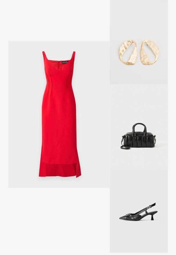 Rotes Kleid aus glattem Stoff mit tailliertem Schnitt, ausgestattet mit herzförmigem Ausschnitt, vertikalen Nähten und einem seitlichen Schlitz am Saum.; Schwarzer Leder-Slingback-Schuh mit spitz zulaufender Zehenpartie, dekorativen Riemen mit METALLÖSEN und niedrigem Blockabsatz. Strukturelle Oberfläche.; Schwarze Lederhandtasche mit puffigem Design, zwei kurzen Griffen und einem abnehmbaren Schultergurt. Akzente aus goldfarbenem Metall.; Ein Paar unregelmäßige, oval geformte Ohrringe aus goldfarbenem Metall mit einer strukturierten, leicht gehämmerten Oberfläche auf weißem Hintergrund.