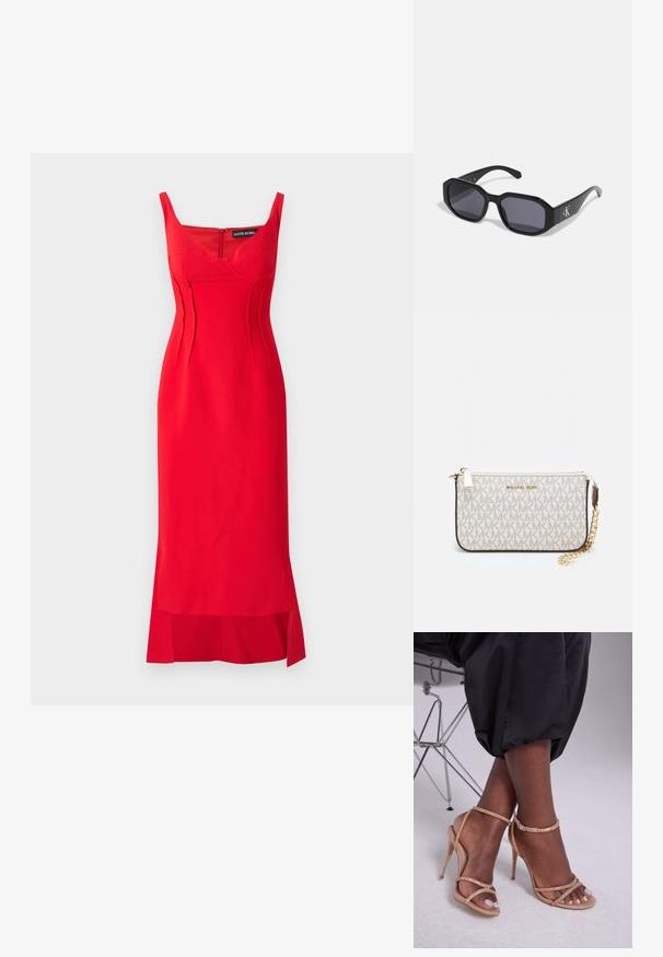 Sarkans kleita, kas izgatavota no gludas auduma ar pieguļošu dizainu, satur sirsniņveida izgriezumu, vertikālas šuves un sānu šķēlumu apakšmalā.; Beige augstpapēžu sandales ar kristāla rotājumiem, ar atvērtu purngalu, plāniem siksniņām un elegantu siluetu.; Melni saulesbrilles ar astoņstūra rāmjiem, tumšiem objektīviem, spīdīgu plastmasas materiālu un sudraba logotipu akcentu vienā pusē.; Michaela Korsa rokassomi bez̦ā īšojuma, kas izgatavota no apklāta kanvas, iekļaujot atkārtotu MK logotipa rakstu, zelta aparatūru un noņemamu ķēdes siksnu.; Zelta metāla auskari ar viļņveida dizainu; gluda, atstarojoša virsma; asimetrisks formas; nav redzamu rakstu vai piederumu.