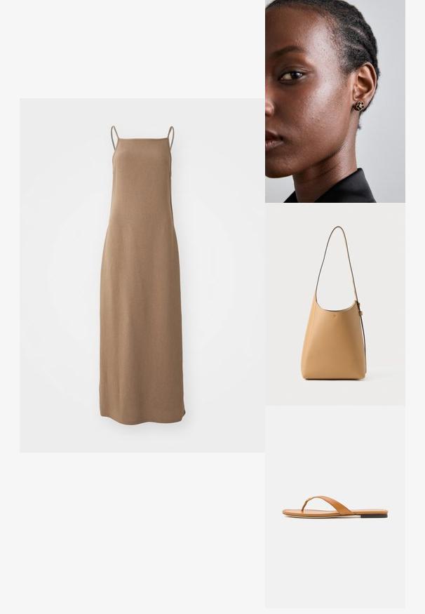 Rjava brezrokavna maksi obleka z mehkimi, teksturiranimi materiali, ravnim silhueto in tankimi naramnicami na ramenih.; Ploščat rjav usnjen sandal z tančico in majhnim zlatim sponko, prikazan v stranskem profilu na beli podlagi.; Usnjena torba za ramo v svetlo rjavi barvi z gladko teksturo, minimalističnim dizajnom, eno ukrivljeno naramnico in subtilnimi detajli iz kovine.; Zlati cvetni uhani s teksturiranim črnim središčem in nežnimi detajli. Omenjen model ima jasno kožo in spletene lase, kar je vidno v profilu.