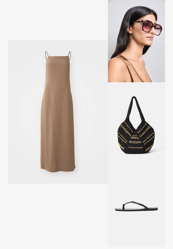 Hnedé maxi šaty bez rukávov s jemnou, textúrovanou tkaninou, priamym strihom a tenkými ramienkami na pleciach.; Čierne šľapky s minimalistickým dizajnom, s tenkými popruhmi a plochou podrážkou. Materiál vyzerá ako plast s hladkou textúrou.; Veľké, štvorcové slnečné okuliare s hnedým korytnačím rámom a gradientnými ružovými sklami. Obsahujú zlatý logový akcent na chráničoch.; Vanessa Bruno PANIER - Taška cez plece - noir