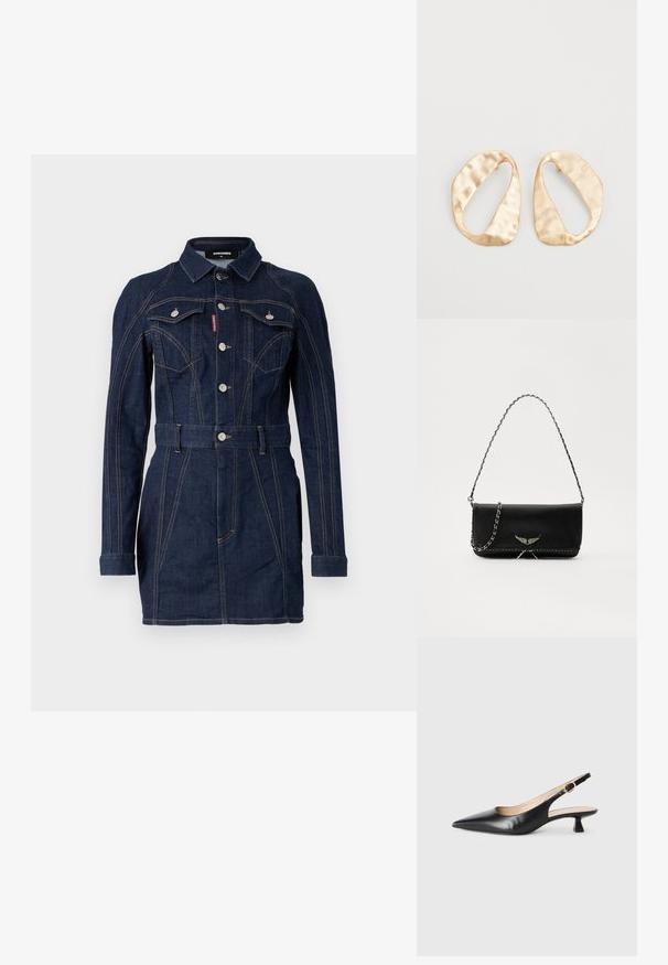 Džínové šaty v tmavomodrej farbe s priliehavým strihom, dlhými rukávmi, golierom, prednými vreckami a pásom v páse. Výrazné detaily kontrastného šitia.; Čierne kožené sandále na podpätku s ostrou špičkou a zlatou prackou na bočnom pásiku, na bielom pozadí.; Čierna kožená kabelka so strieborným reťazovým popruhom, so zdobnými krídelnými akcentmi a bielym prešívaním pozdĺž dolného švu.; Pár nepravidelných oválnych zlatistých kovových náušníc s textúrovaným, mierne rozbitým povrchom na bielom pozadí.