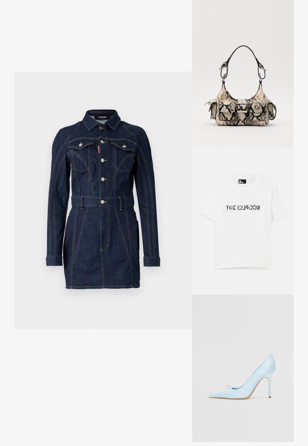 Tumesinine teksakleit, millel on vormiline disain, pikad varrukad, krae, ees taskud ja vöödiga talje. Märkimisväärsed kontrastõmblused.; Valge puuvillane T-särk lühikeste varrukatega ja ümmarguse kaelusega, millel on must graafiline tekstidisain, mis ütleb "THE KOOPLES."; GIABORGHINI Kõrge kontsaga kingad - blue; Pruuni ja musta värvi nahkjeskott, millel on struktureeritud kuju, pandla detail ja kaks õlarihma. Tekstureeritud pind.