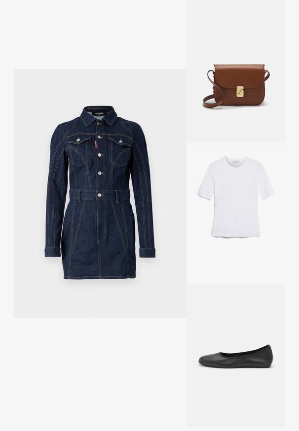 Jeans obleka v temno modri barvi z oprijeto zasnovo, dolgimi rokavi, ovratnikom, sprednjimi žepi in pasom s pasom. Opazne kontrastne šive.; Bela kratka majica s kratkimi rokavi iz rebrastega materiala. Okrogla ovratnica, običajen kroj in subtilni šivi. Brez vzorcev ali grafik.; Črne usnjene balerinke z zaobljenim nosom, gladko teksturo, minimalnimi šivi in fleksibilno zasnovo podplata.; Rjava usnjena torbica s poklopcem, zlato obarvani okovi, naramnica in gladka tekstura. Kompaktna pravokotna oblika.