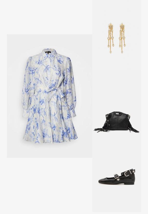 Maje RUBARBELA - Φόρεμα πουκάμισο - bleue/écru; Μαύρο παπούτσι με πατεντέ δέρμα, επίπεδη σόλα και τετράγωνη μύτη, με λουράκι στον αστράγαλο που διαθέτει ασημί εξαρτήματα. Λείο υλικό με μινιμαλιστικό σχέδιο.; Maje MISS MINI - Τσάντα χιαστί - noir; Χρυσές σκουλαρίκια με πολλαπλές καταρρακτώδεις αλυσίδες, διακοσμημένα με διαφανείς ωοειδείς ρινοστάτες και διακοσμητικές βάσεις.