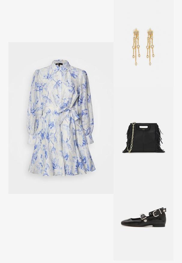 Maje RUBARBELA - Ingruha - bleue/écru; Fekete lakkbőr lapos cipő négyzet alakú orral, ezüst hardware-rel ellátott bokapánttal és lapos talppal. Simaságával és minimalista dizájnjával kiemelkedő.; Fekete bőr kézitáska, frufrus részletekkel, arany láncos vállpánttal és kivágott fogantyúval. Az elülső részen logó található.; Aranyszínű fülbevalók, több zuhanó lánccal, tiszta ovális strasszköves díszítéssel és dekoratív fülbevaló tetejével.