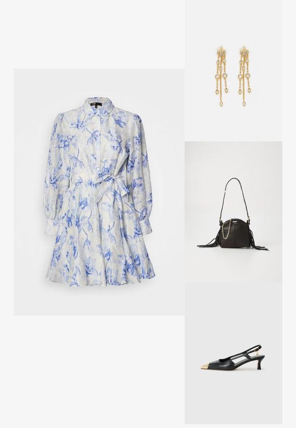 Maje RUBARBELA - Paitamekko - bleue/écru; Mustat nahkaiset slingback-kengät, joissa on terävä kärki ja kultainen metallikärki. Ominaisuuksiin kuuluu leikattu muotoilu ja hoikka korko, joka on säädettävällä hihnalla.; Mustan nahkaisen käsilaukun pyöreä muoto, jossa on fringe-yksityiskohtia, pitkä olkahihna ja kultaketju.; Kultaketjua roikkuvat korvakorut, joissa on useita putoavia ketjuja, ja selkeitä ovaaleja rhinestone-akselteja sekä koristeelliset niittitoppaukset.