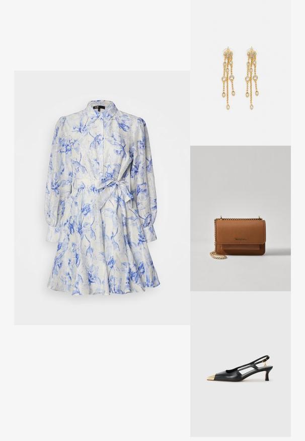 Maje RUBARBELA - Robe chemise - bleue/écru; Chaussure slingback en cuir noir avec un bout pointu et un capuchon métallique doré. Présente un design découpé et un talon fin avec une sangle ajustable.; Sac en cuir texturé marron en bandoulière avec une sangle en chaîne dorée et une fermeture à rabat. L'avant présente un détail de logo et une poche sous le rabat.; Boucles d'oreilles en ton or avec plusieurs chaînes en cascade, présentant des accents en strass ovales transparents et des dessus à clous décoratifs.