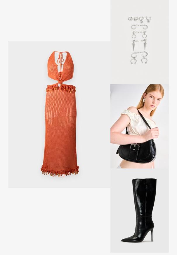 Vestido de malha laranja com design de decote halter, apresentando um fecho de laço e uma bainha fringida ornamentada com contas. Leve e semi-transparente.; Botas de couro pretas até ao joelho com bico fino e salto alto de agulha. Textura suave e design elegante, com detalhes mínimos.; Bolsa de ombro em pele preta com um formato curvado, ferragens prateadas polidas e uma etiqueta destacável. Textura suave com detalhes de costura discretos.; Conjunto de brincos de prata com diversos designs: argolas, studs e modelos pendentes, com acentos de bola e elementos pontiagudos.
