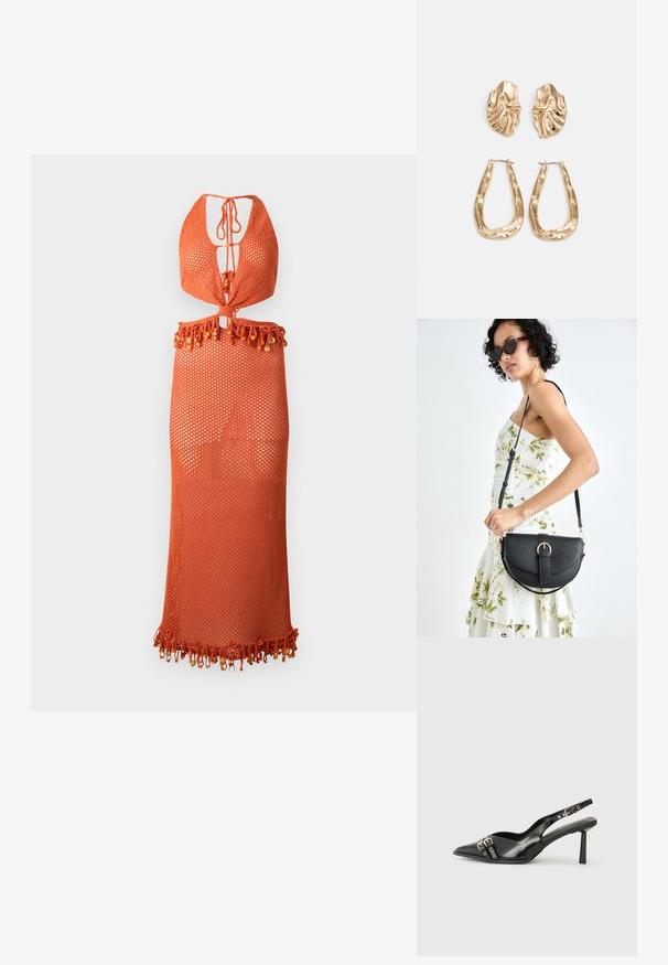 Oranžasta mrežasta obleka s halter ovratnikom, ki ima zapiranje na zavezo in rob z resicami, okrašenimi s perlicami. Lahka in polprosojna.; Črne patentne usnjene sandale s koničastim nosom, zankami okoli gležnja s srebrnimi sponkami in opremo ter vitkimi petami.; Črna usnjena torbica s ukrivljeno obliko, z odstranljivo naramnico in zlatimi dodatki. Torbica ima pokrov s podrobnostmi v obliki zaponke.; Zlato obarvani uhani z teksturiranimi, valovitimi oblikami. Vključujejo skulpturalne sponke za ušesa in odprto obliko obročka s kladivastim finišem.