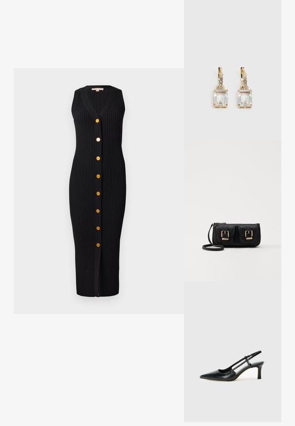 Černé pletené šaty s žebrováním, V výstřihem, bez rukávů a zlatými knoflíky po celé délce vpředu, s přiléhavým střihem.; Černé lakované slingback podpatky s špičatou špičkou, zdobené texturovaným hadím vzorem, nastavovacím páskem a krátkým texturovaným blokovým podpatkem.; Černá kožená crossbody taška se dvěma předními kapsami, zlatými přezkami, zipovým uzávěrem a štíhlým popruhem. Texturovaný povrch a kompaktní obdélníkový tvar.; Náušnice ve zlatém odstínu s obdélníkovým, průhledným krystalem zavěšeným pod řadou malých, kulatých průhledných akcentů. Elegantní, moderní design.