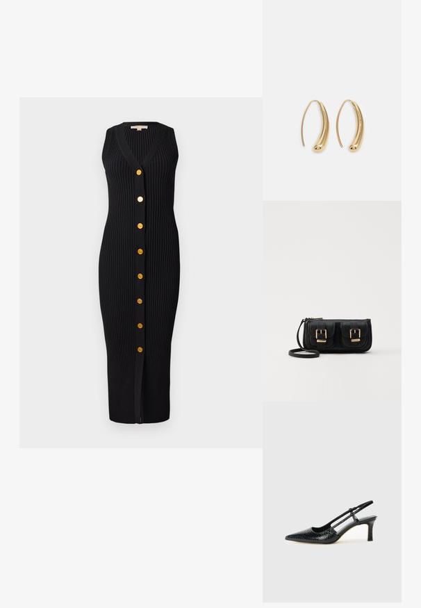 Mustmust värvi ribakudumine kleit V-kaelusega, ilma varrukateta disain ja kuldse tooni nupud esiküljel, millel on voolujoonekujuline siluett.; Mustmust paelad, millel on terav varvas, tekstuuriga maduprindiga, reguleeritav rihm ja lühike tekstuuriga plokknina.; Must küllastamata nahast õlakott, millel on kaks esist nähtavat taskut, kuldsed pandlad, tõmblukuga sulgemine ja peen rihm. Tekstuuriga pind ja kompaktne ristkülikukujuline kuju.; Kuldtoonilised metallist rõngas kõrvarõngad, millel on kõver ja piklik kuju. Omavad siledat, läikivat pinda ja ümarat tipptugevdust, mis lisab detaili.