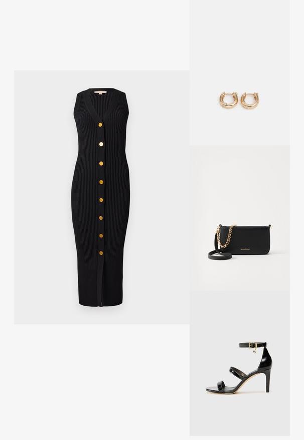 Robe en tricot côtelé noir avec un décolleté en V, sans manches et boutons dorés sur le devant, présentant une silhouette ajustée.; Sandale en cuir verni noir avec trois brides, boucle de cheville et talon aiguille de 10 cm. Présente un détail en métal doré et un charm logo.; Pochette en cuir noir avec un accent en chaîne dorée, texture lisse et détails en logo doré. Inclut une bandoulière ajustable pour plus de polyvalence.; Boucles d'oreilles en or avec une finition polie, présentant un design circulaire épais et un mécanisme de fermeture sécurisé. Texture lisse et apparence brillante.