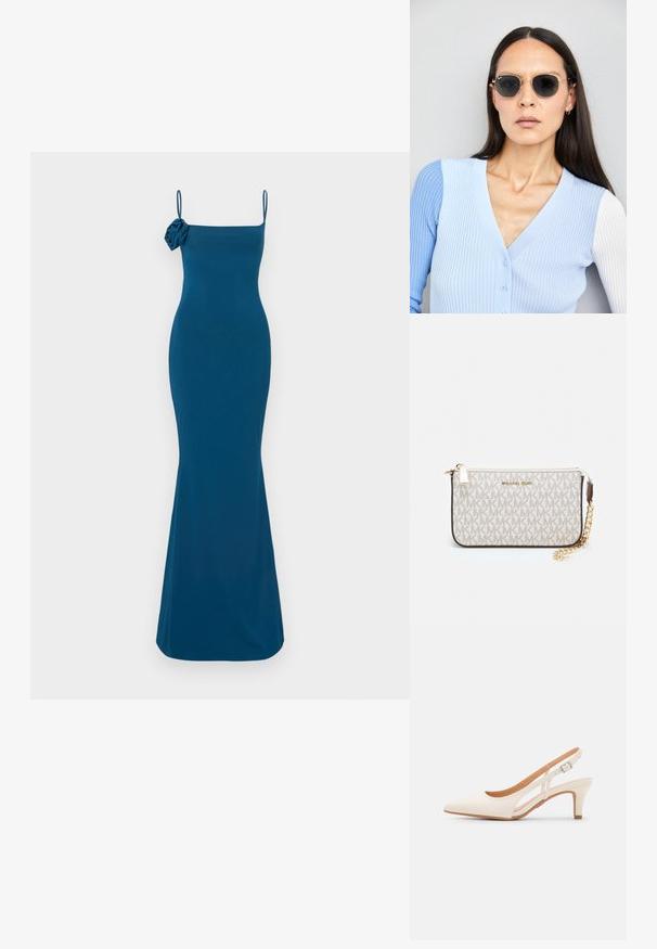 Türkise ilmaõlavarrega kleit, millel on vormiline siluett, ühe õla peal roosiline aksent ja laienev ääreosa, valmistatud siledast kangast.; Valge slingback konts, terava ninaga, siledast ülemisest materjalist, madala ploki kontsaga ja külgse nähtavusega ning reguleeritava pandla rihmaga.; Ringikujulised prillid tumedate läätsede ja kullast raamiga. Mudel on selga pannud helesinise soonikuga kardigani, millel on nupud ja kontrastsed valged varrukad.; Michael Korsi randmevõru beige kaetud kangast, millel on korduv MK logo muster, kuldne riistvara ja eemaldatav ahelistrap.