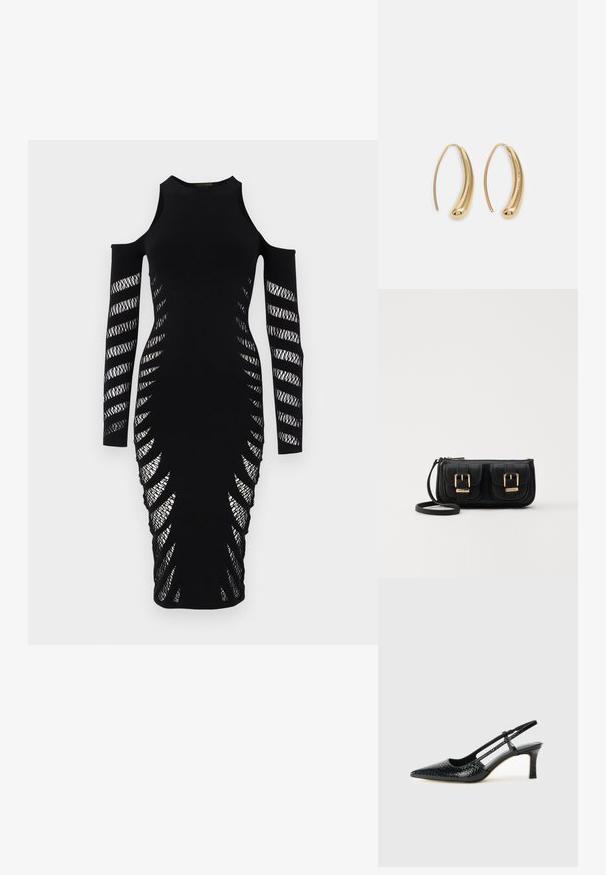 Musta bodycon-mekko, jossa on avatut hartiat. Ominaisuuksiin kuuluvat pitkät hihat, monimutkainen verkko-yllytys sivuilla ja tiukka siluetti.; Musta patent slingback-kiilakorko teräväkärkisellä muotoilulla, jossa on teksturoitu käärmeennahkakuosi, säädettävä remmi ja lyhyt, teksturoitu blokkiheel.; Musta nahkainen olkalaukku, jossa on kaksi etutaskua, kultaiset soljet, vetoketjukiinnitys ja kapea hihna. Teksturoidun pinnan ja kompaktin suorakaiteen muoto.; Korvakorut kultasävytteistä metallista, joissa on kaareva, pitkänomainen muoto. Ominaisuuksiin kuuluu sileä, kiiltävä pinta ja pyöreä kärki lisäyksinä.