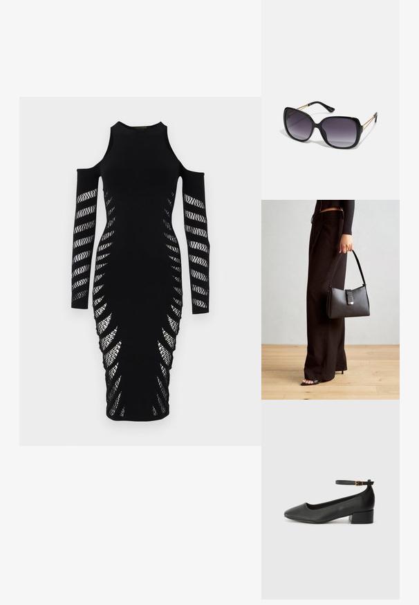 Črna obleka bodycon z odprtinami na ramenih. Ima dolge rokave, zapletene mrežne detajle ob straneh ter prilegajočo silhueto.; Črne usnjene pumpice z nazobčanimi prsti in nizko blokasto peto. Imajo trak okoli gležnja z zaponko v zlatem tonu. Gladka tekstura.; Črne prevelike sončne očala z degradacijskimi lečami, debelimi okvirji in zlatimi verižicami na ročajih.; Črna torbica z strukturirano obliko, gladko teksturo in kovinskim zaponko. Ujemajo se z širokimi črnimi hlačami in odprtimi sandali na lesenem tleh.