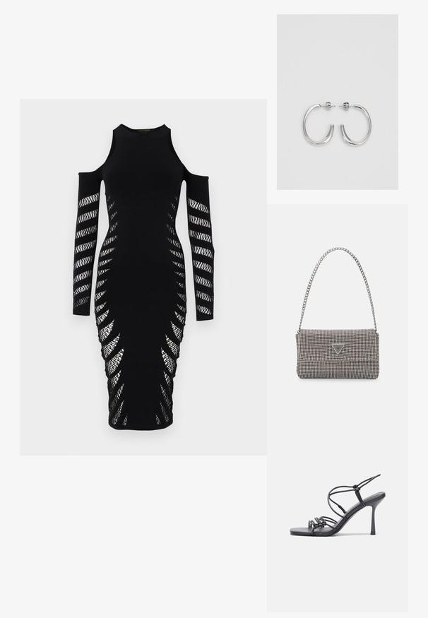 Fekete testhez simuló ruha hideg váll kivágásokkal. Hosszú ujjakkal, bonyolult hálós részletekkel az oldalán és testhez álló szabással rendelkezik.; Fekete magas sarkú szandálok vékony pántokkal, csomózott mintával, sima négyzetes orral és karcsú stiletto sarkal rendelkeznek.; Világosszürke fémes kézitáska lánc pánttal, kis kör alakú fém kifinomult díszítéssel és háromszög alakú márkagéppel.; Ezüst karika fülbevalók sima, fényes felülettel. Lekerekített forma, könnyű kialakítással, tűs zárómechanizmussal.
