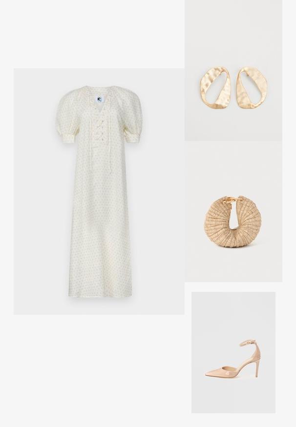 Sleeper GARDEN DRESS - Denné šaty - white/pink; Naha lesklá kožená topánka s ostrou špičkou a remienkom okolo členka, s ihlovým podpätkom, s hladkým povrchom a minimalistickým dizajnom.; Cult Gaia UBAH - Listová kabelka - wheat; Pár nepravidelných oválnych zlatistých kovových náušníc s textúrovaným, mierne rozbitým povrchom na bielom pozadí.