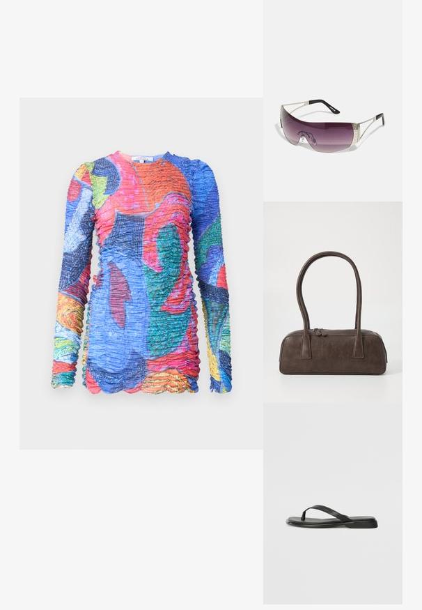 Ilgų rankovių daugiaspalvė suknelė su susikaupusia tekstūra. Pasižymi gyvybingais raštais mėlynos, raudonos, žalios ir geltonos spalvų atspalviuose. Banguota apvado detalė.; Juodos šlepetės, pagamintos iš lygios odos, su plona dirželių konstrukcija ir plokščiu padu, turinčiu minimalų profilį. Be pastebimų raštų ar akcentų.; Akiniai nuo saulės su dideliu, išlenktu purpuriniu lęšiu, sidabro metaliniais akcentais ir juodomis tempomis su logotipu. Matomi tekstūruoti rėmo detalės.; Ruda odinė rankinė su dviem tvirtais rankenėlėmis, stačiakampio formos, lygi tekstūra ir užtrauktuku. Minimalistinis dizainas be matomų raštų.