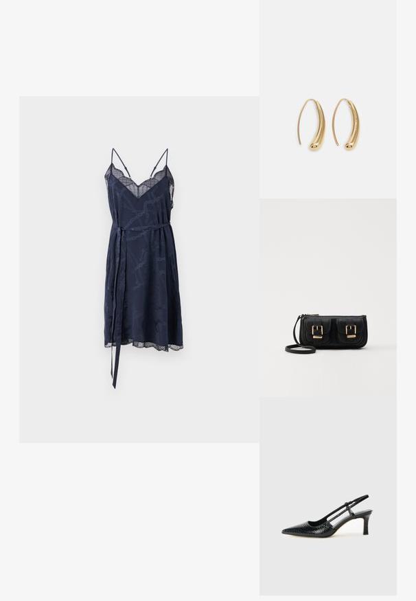 Zadig & Voltaire RISTYZ CHAINES - Rochie de zi - encre; Pantofi cu toc slingback negri din patent, cu vârf ascuțit, cu imprimeu de șarpe texturat, curea ajustabilă și toc scurt texturat.; Geantă neagră din piele, tip crossbody, cu două buzunare frontale, catarame aurii, închidere cu fermoar și o curea subțire. Suprafață texturată și formă rectangulară compactă.; Cercei din metal auriu, cu un design curbat și alungit. Au o suprafață netedă și strălucitoare, cu un vârf rotunjit pentru un detaliu suplimentar.