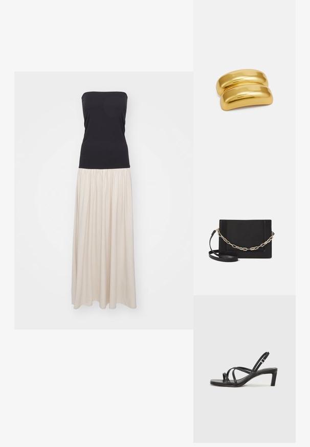 Maxi šaty bez ramínek s černým přiléhavým topem a splývavou krémovou sukní. Hladká tkanina se sklady v oblasti pasu.; Černé sandály na tenkém podpatku se čtveratou špičkou a nízkým blokovým podpatkem. Mají několik tenkých popruhů a nastavitelné zapínání okolo kotníku. Vyrobeny z hladké kůže.; Černá kožená crossbody taška s hladkým povrchem, obdélníkovým tvarem a kovovým řetízkem na přední straně. Součástí je nastavitelný popruh.; Zlatý kovový vlásenka s hladkým, zaobleným designem. Povrch je reflexní, s prolnutým, zakřiveným tvarem bez dalších ozdob.
