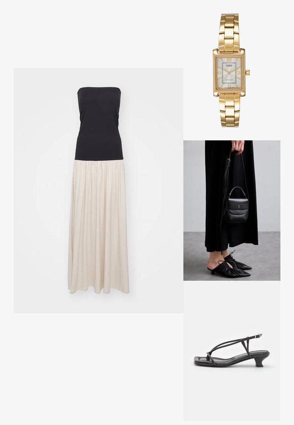 Vestido maxi sem alças com parte superior justa preta e saia fluida de cor creme. Tecido suave com pregas na cintura.; Sandal de couro preto com tiras finas, salto bloco baixo e biqueira quadrada. Apresenta um fecho de fivela e textura suave.; Pequena mala de couro preto com forma arredondada, pega em cima e alça removível. Usada com vestido de tecido preto e sapatos pretos plissados.; Relógio de pulso retangular em tom de ouro com um mostrador branco, marcadores de horas em tom de prata e uma pulseira de metal resistente. Inclui função de resistência à água.