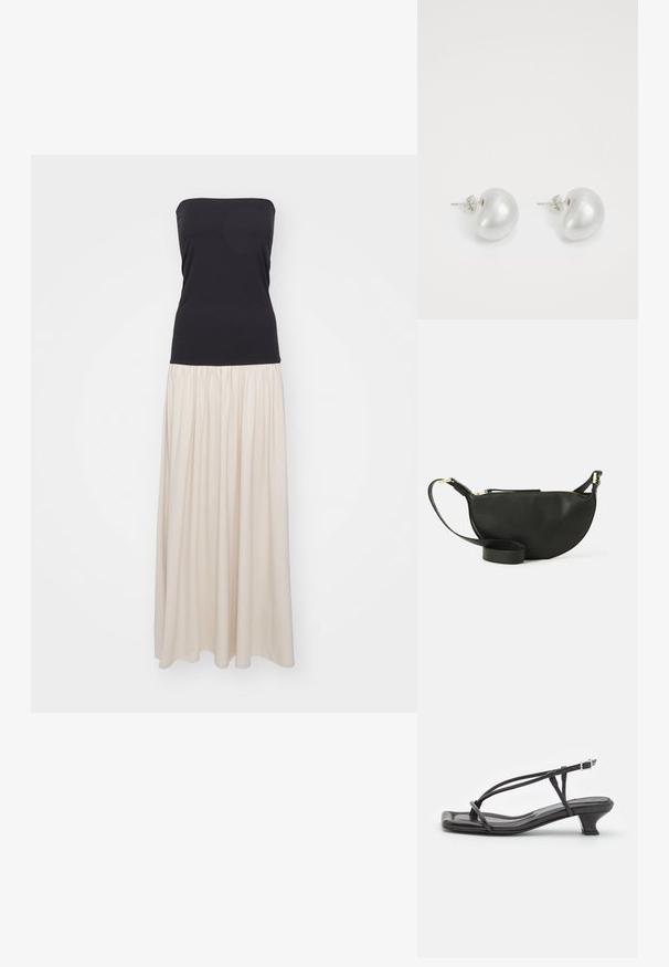 Bežinis maxi suknelė be petnešų, juodu prigludusiu viršumi ir laisvai krentančia kremine spalvos sijonu. Lygus audinys, susirinkęs ties juosmeniu.; Juodas odinis šlepetės su plonomis dirželiu, mažu blokuoju kulnu ir kvadratiniu pirštu. Yra sagties uždarymas ir lygus paviršius.; Juodas odinis per petį nešiojamas krepšys pusmėnuliu, su tekstūruota paviršiumi, auksiniu užtrauktuku ir plokščiu dirželiu. Kompaktiškas dizainas, tinkantis būtiniausiems daiktams.; Sidabriniai perlų auskarai su kreivai suformuota pupelės forma. Lygus, blizgus paviršius, uždaromi segtuku ir atgaline fiksacija.