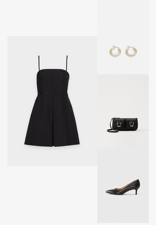 Schwarzes ärmelloses Kleid mit einem gerade geschnittenen Oberteil, taillierter Taille und A-Linie-Rock, der eine subtile vordere Falte und verstellbare Träger aufweist.; Schwarzer Lederpumps mit spitzem Zehenbereich, niedrigem Absatz und glatter Textur. Verfügt über eine leichte Öffnung an der Vorderseite und minimale Beschläge an der Rückseite.; Schwarze Leder-Umhängetasche mit zwei vorderen Taschen, goldenen Schnallen, Reißverschluss und einem schmalen Tragegurt. Texturierte Oberfläche und kompakte rechteckige Form.; Lauren Ralph Lauren BASIC SMALL HOOP - Ohrringe - gold-coloured