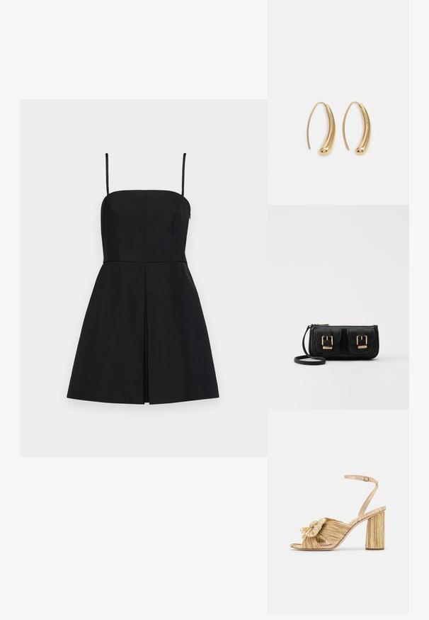 Robe noire sans manches avec un corsage droit, taille cintrée et jupe évasée dotée d'un léger pli avant et de bretelles ajustables.; Sandales dorées à talons avec un devant noué, texture plissée et une bride de cheville. Le talon carré a un design strié, améliorant l'adhérence.; Sac en cuir noir porté en travers avec deux poches avant, boucles dorées, fermeture zippée et une sangle fine. Surface texturée et forme rectangulaire compacte.; Boucles d'oreilles en métal doré en forme d'anneau, avec une forme courbée et allongée. Elles présentent une surface lisse et brillante avec une pointe arrondie pour un détail supplémentaire.