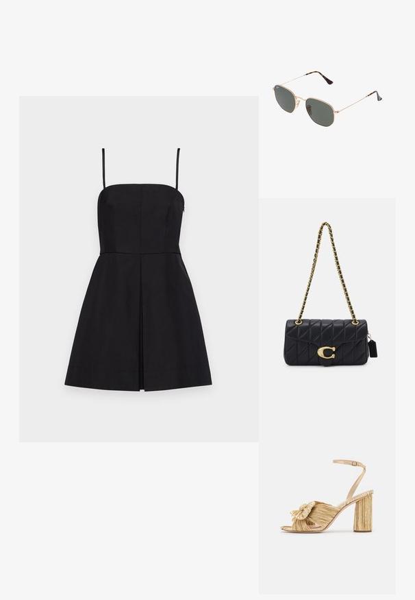 Mustem ilma varrukat kleit, sirge lõikega rinnaosaga, paraja talje ja A-lõikega seeliku osaga, millel on õrn esikorts ja reguleeritavad rihmad.; Kuldsete kontsadega sandaalid, mille esiosas on sõlm, pleatitud tekstuur ja pahkluu rihm. Tootel on plokknokk, millel on sooneline disain, mis parandab haarduvust.; Kuldne metallraamiga prillid tumeroheline lensega, piloot-stiil, millel on õhukesed käepidemed ja kilpkonna mustriga aktsendid otstes.; Must mustriga käekott kuldse ketirihmaga, millel on silmapaistev kuldne klamber ja väike silt, esitleb tekstuurt nahka.