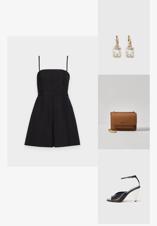 Vestito nero senza maniche con un corpetto a taglio dritto, vita aderente e gonna a campana che presenta una leggera piega frontale e spalline regolabili.; Sandal con tacco alto in pelle nera, con punta aperta, design asimmetrico, cinturino alla caviglia e tacco metallico a forma di cono. Texture liscia.; Borsa a tracolla in pelle marrone con texture, dotata di catena dorata e chiusura a pattina. Sul davanti presenta un dettaglio con logo e una tasca sotto la pattina.; Orecchini in tonalità dorata con un cristallo trasparente rettangolare sospeso sotto una fila di piccoli accenti trasparenti rotondi. Design elegante e moderno.