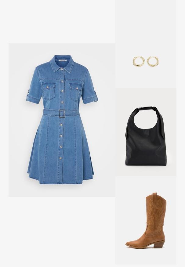 Blå denim kjole med kort erme, knappestolpe foran, to brystlommer, belte med metalspenne og utskjært skjørt.; Brune lær cowboy støvel med spiss tå, broderte svirvlende mønstre på skaftet og en stablet blokk hæl. Har en trekksløyfe for enkel påkledning.; Svart skinn hobo-veske med et enkelt, mykt, avrundet håndtak; har en jevn tekstur og et minimalistisk design. Ingen synlig maskinvare eller aksenter.; Gullige hoop øreringer med en teksturert, uregelmessig form. Har en sømløs lukking og en polert overflatefinish som fremhever et moderne design.