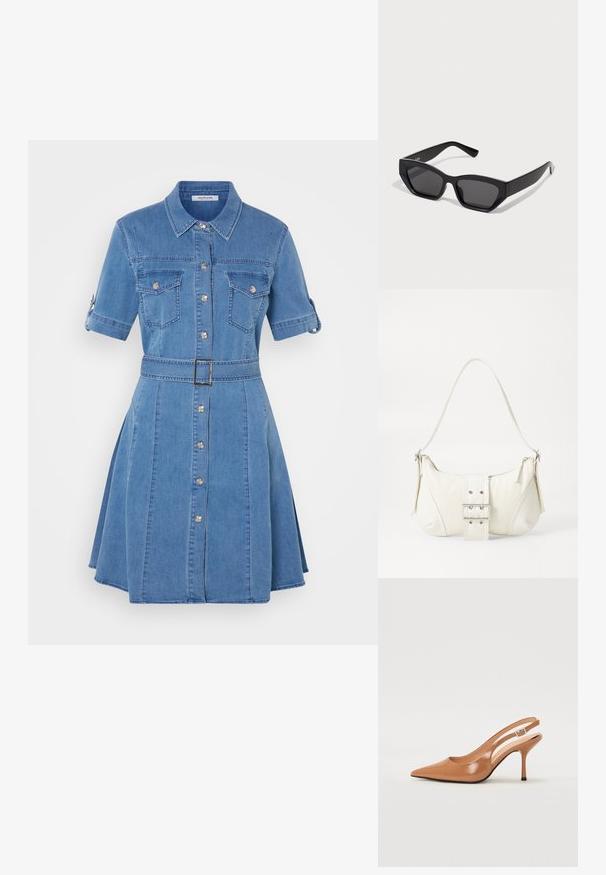 Sininen farkkukankainen lyhythihainen mekko, jossa on napitus edessä, kaksi rintataskua, vyö metallisoljella ja kellottava hame.; Korkokenkä, jossa on terävä kärki ja avonainen kanna, valmistettu sileästä, kiiltävästä ruskeasta materiaalista. Sisältää kaarevan leikkuun muotoilun ja hoikan stilettokannan. Hopeinen solkiyksityiskohta.; Mustat suorakaiteen muotoiset aurinkolasit, joissa on paksut kehykset, tummat linssit ja kulmikas muotoilu. Suoraa muovimateriaalia ilman näkyviä kuvioita tai koristeita.; Valkoinen olkalaukku, jossa on teksturoitu pinta, keskeinen solkiyksityiskohta ja kaareva muoto. Vetoketjusulkimet kummallakin puolella.