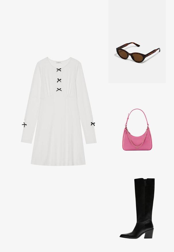 Valkoinen pitkähihainen mekko ribbikankaasta, jossa on kolme mustaa nauhaa edessä ja kaksi hihansuissa. Pyöreä pääntie, A-linjainen malli.; Mustat polvimittaiset saappaat, jotka on valmistettu sileästä nahasta. Saappaissa on terävä kärki, tukevat korko ja V-muotoinen leikkaus ylhäällä.; Ruske tortoiseshell sunčane naočale s vintage mačkastim oblikom i smešnim sočivima. Ima zakrivljene okvire s crvenim akcentima.; Vaaleanpunainen synteettinen olkalaukku, jossa on kaareva muoto, sileä pinta, irrotettava ketjuhihna ja pyöreä logoyksityiskohta edessä.