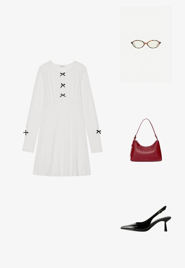 Fehér, hosszú ujjú ruha bordázott anyagból, amelyen három fekete masni található az elülső részen, valamint kettő az ujjaknál. Kerek nyakkivágás, A-vonalú fazon.; Fekete lakk bőr slingback pumpa hegyes orral, kivágott oldalakkal, állítható boka pánttal és vékony, elegáns sarkával.; Tortábar színű szemüveg ovális lencsékkel és sima, elegáns felülettel. Vékony szárakkal rendelkezik, amelyeken finom ív található a halántéknál. Átlátszó lencsék.; Piros bőrből készült válltáska ívelt formával, sima textúrával és cipzáras záródással. Kiváló, vékony fogantyúval rendelkezik a hordozás érdekében.