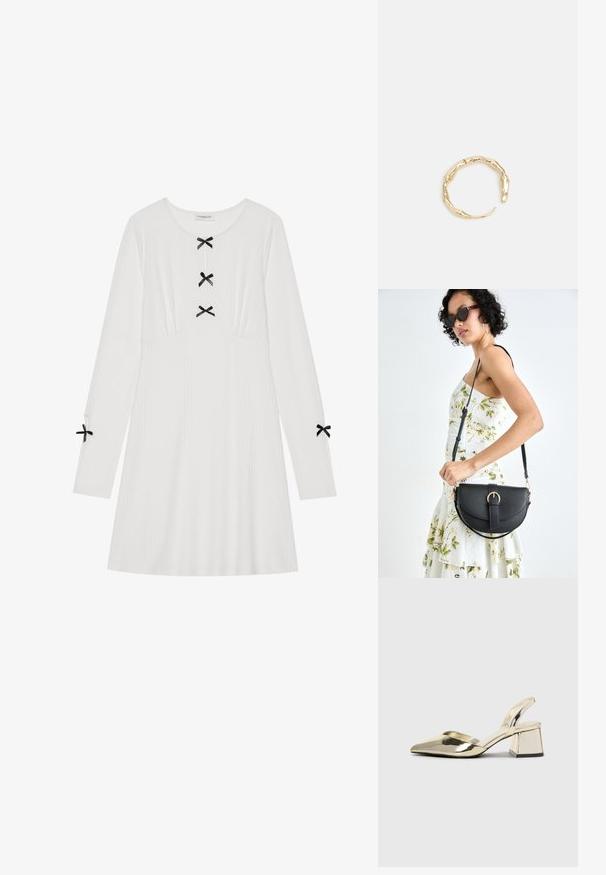 Abito bianco a maniche lunghe realizzato in tessuto a coste, con tre fiocchi neri sul davanti e due sulle maniche. Scollo rotondo, forma ad A.; Tacchi slingback metallici color oro con punta appuntita e tacco grosso. Texture liscia, design minimalista e una cinghia stretta.; Borsa a tracolla nera in pelle con una forma curva, manico rimovibile e accessori dorati. La borsa presenta una patta con un dettaglio a fibbia.; Anello in tono oro con un design organico e Twisted, caratterizzato da una superficie liscia e punte affusolate, che crea un aspetto moderno e scultoreo.