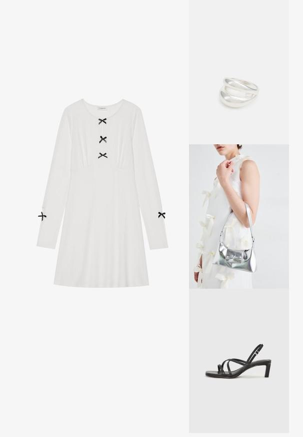 Biely dlhý rukáv šaty vyrobené z rebrovanej látky, s tromi čiernymi mašľami vpredu a so štyrmi na rukávoch. Okrúhly výstrih, A-dĺžkový strih.; Čierne sandále na vysokom podpätku so štvorcovou špičkou a nízkym blokovým podpätkom. Obsahujú viacero tenkých popruhov a nastaviteľný členkový popruh. Vyrobené z hladkej kože.; Strieborná metalická kabelka so štruktúrovaným tvarom, ktorá má hornú rukoväť a mašľu na prednej strane. Hladká textúra, reflexný povrch.; Strieborný prsteň s dvojitým pásikom s hladkým, lesklým povrchom. Má plynulý, zakrivený dizajn s prekryvajúcimi sa časťami pre moderný vzhľad.
