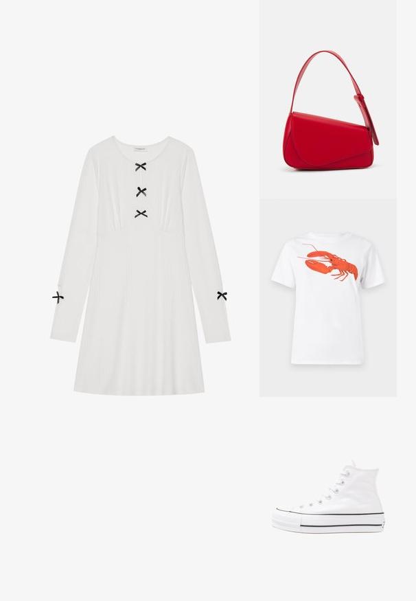 Robe blanche à manches longues en tissu côtelé, ornée de trois nœuds noirs à l'avant et de deux aux manches. Encolure arrondie, forme évasée.; T-shirt en coton blanc avec un grand graphisme de homard rouge vif sur le devant. Manches courtes et design à col rond standard.; Baskets montantes en toile blanche avec semelle en caoutchouc noir, capuchon en caoutchouc à l'avant, et six œillets pour les lacets, présentant un design épuré et minimaliste.; Sac à main en cuir rouge avec un design angulaire et géométrique. Il dispose d'une seule sangle ajustable et d'une fermeture à rabat avec un detailing cousu.