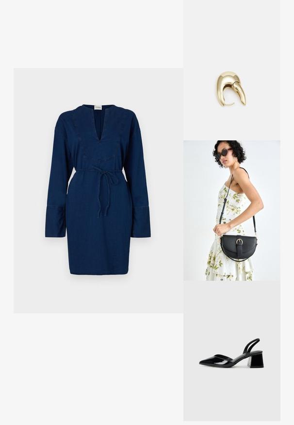 Tamsiai mėlyna džinsinė suknelė su ilgomis rankovėmis, V formos iškirpte ir raišteliu liemeniui. Yra siuvinėtos detalės iškirptėje ir rankovėse.; Juodos lakuotos odinės šlepetės su smailiu pirštu ir geometriniu bloko kulnu. Turi elegantišką, minimalistinį dizainą ir lygų paviršių.; Juodas odinis krepšys su išlenkta forma, nuimamu dirželiu ir auksiniais detalėmis. Krepšys turi kilpą su sagtimi.; Aukso tono metalinės auskarai su stilingu, kreiviu dizainu. Išsiskiria ryškiu smailiu pavidalu, poliruota paviršiumi ir užsegimu su vyriu.