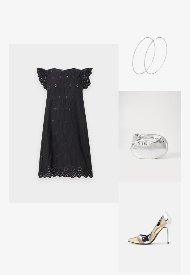 Crna haljina s kratkim naboranim rukavima, s cvjetnim izrezbarenim uzorcima i rubom s valovima. Izrađena od lagane tkanine.; Cipele s visokom potpeticom i špicastim vrhom u srebrnoj, zlatnoj i nude boji. Sjajan finiš s izrezbarenim dizajnom, s potpeticom u obliku stiletto.; Srebrna metalik torbica s mekim, zaobljenim oblikom i čvorastim zatvaranjem na vrhu. Izrađena od glatke sintetičke kože.; Srebrne okrugle naušnice s minimalističkim dizajnom. Kružni oblik, glatka tekstura i tanak profil. Lagane s poliranim završetkom.