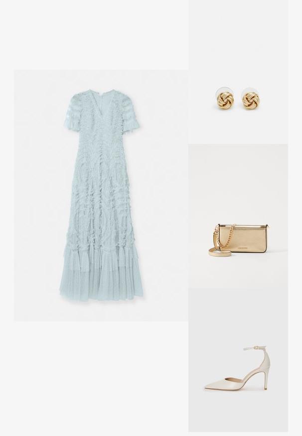 Needle & Thread VERITY RUFFLE VNECK GOWN - Occasion wear - sea holly; White leather high-heeled shoe with a pointed toe, ankle strap, and a slim stiletto heel. Smooth texture with subtle glossy finish.; Metallic gold leather clutch with a textured finish, featuring a gold chain strap and a removable shoulder strap. Brand logo embossed.; Gold-tone knot stud earrings with a twisted design. Each earring features a circular clear backing for secure wear.