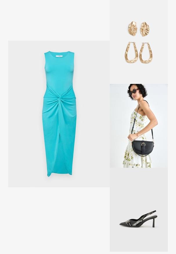 Tyrkysové šaty bez rukávov s uzlom v páse, bočným rozparkom a priliehavým strihom v hladkej tkanine.; Čierne lakované kožené slingback topánky s špicatou špičkou, remienkami okolo členku s striebornými prackami a hardvérom, a štíhlým podpätkom.; Čierna kožená kabelka s zaobleným tvarom, odnímateľným popruhom a zlatými doplnkami. Kabelka má klopu s detailom s prackou.; Náušnice v zlatej farbe s textúrovanými, vlnitými tvarmi. Obsahujú sochárske klipsové náušnice a otvorený tvar krúžku s kladivkovým povrchom.