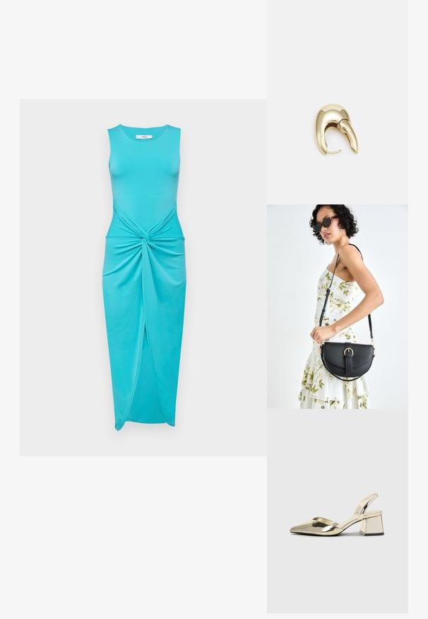 Tyrkysové šaty bez rukávů s uzlem na pase, s bočním rozparkem a přiléhavým střihem z hladké látky.; Kovové zlaté pantofle na podpatku s špičatou špičkou a masivním podpatkem. Hladký povrch, minimalisticý design a úzký pásek.; Černá kožená kabelka s křivkovým tvarem, odnímatelným popruhem a zlatými detaily. Kabelka má klopu s přezkou.; Náušnice ve zlatém tónu z kovu s elegantním zakřiveným designem. Vyznačují se jedinečným špičatým tvarem, lesklým povrchem a závěsem na kloub.