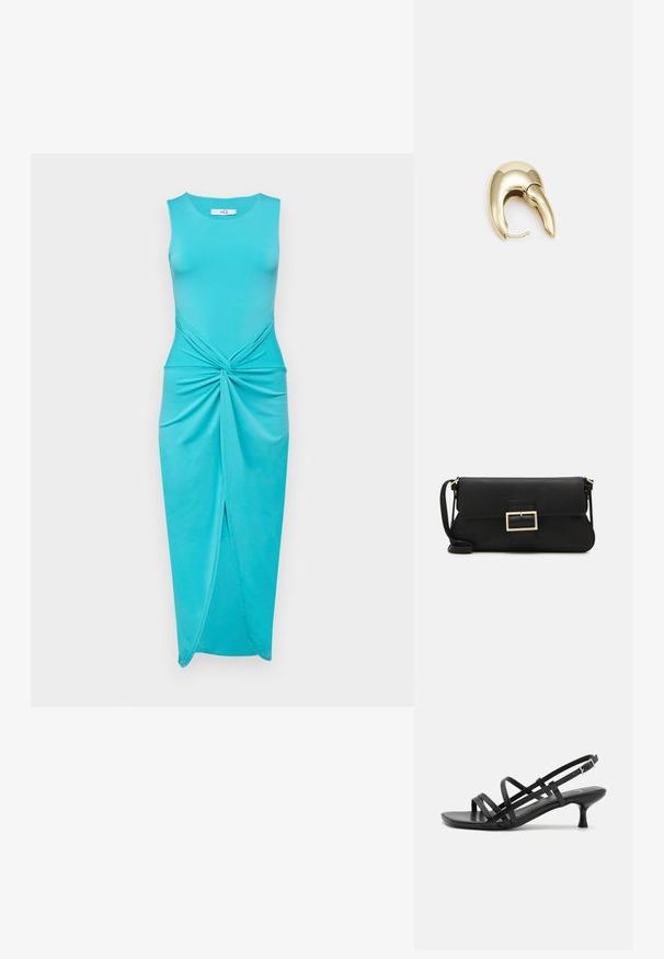 Vihreä ilman hihoja mekko, jossa on kierre-solmu yksityiskohtana vyötäröllä, sivuaukko ja vartalonmyötäinen siluetti sileässä kankaassa.; Musta korkeakorkoiset sandaalit, joissa on useita ristikko-nauhoja. Sileä materiaali, teräväkärkinen malli ja kapea korko. Säädettävä nilkkahihna soljella.; Musta nahkainen kynäpenkkilaukku, jossa on läppä ja kultainen metallinen solkiyksityiskohta. Mukana musta hihna ja tyylikäs, minimalistinen muotoilu.; Kultahipuinen korvakoru, jossa on sulavalinjainen, kaareva muotoilu. Ominaisuuksiin kuuluu erottuva terävä muoto, kiillotettu pinta ja sarana kiinnitys.