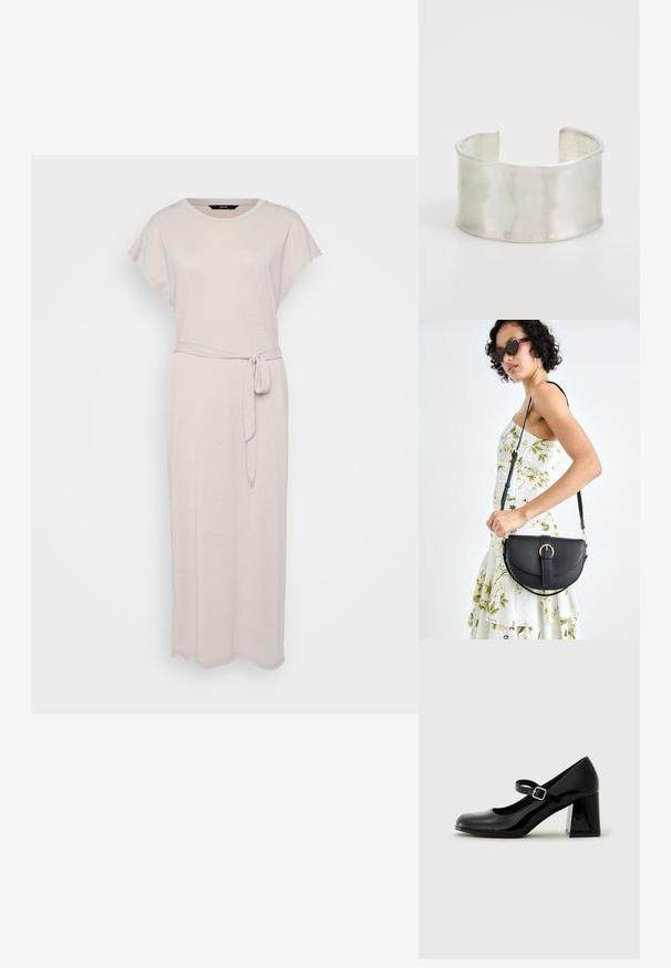 Világos bézs maxi ruha rövid ujjal, kerek nyakkivágással és derékban megkötős övvel. Puha, texturált anyagból készült.; Fekete lakkbőr Mary Jane cipő, lekerekített orral, állítható pánttal és vaskos téglalap alakú sarokkal. Simább textúrájú, fényes felülettel.; Fekete bőrtáska ívelt formával, levehető pánttal és arany színű fémrészekkel. A táskán egy csattal díszített fedél található.; Zign Karkötő - silver-coloured