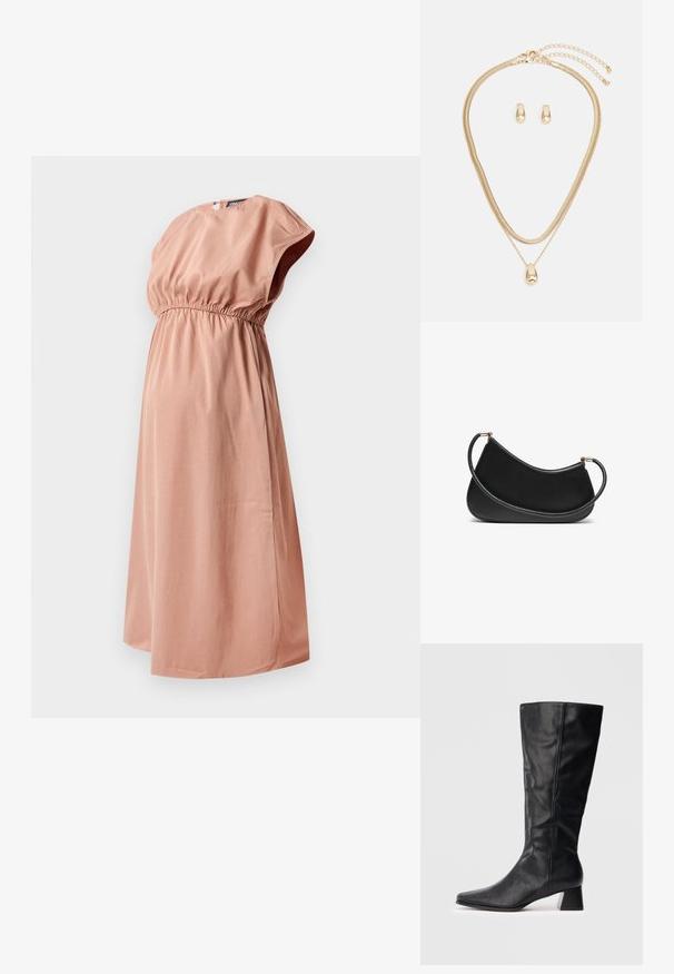 Rochie de maternitate dintr-un material moale, de culoare roz prăfuit, cu talie strânsă, mâneci scurte și un tiv la genunchi pentru confort și ușurință în purtare.; Boot din piele neagră, până la jumătatea gambei, cu vârf ascuțit și toc pătrat, pe un fundal luminos simplu.; Geantă de umăr din piele neagră cu un design curbat, având o curea texturată și accesorii aurii la închiderea de sus. Finish neted.; Set de bijuterii din aur, care include un colier stratificat cu un pandantiv în formă de lacrimă și cercei tip studs asortați, toate cu un finisaj lustruit.