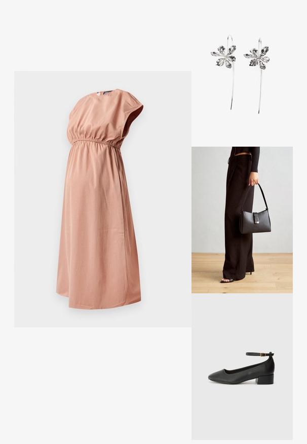 Haljina za trudnoću od mekog materijala u prašnjavoj ružičastoj boji, s nabranym strukom, kratkim rukavima i dužinom do koljena za udobnost i lakše odijevanje.; Crne kožne pumpe s oštrim vrhom i niskom blok petom. Sadrže remen oko gležnja s zlatnim kopčanjem. Glatka tekstura.; Crna torba s oblikom koji sadrži strukturu, glađu teksturu i metalnu kopču. Uparena s širokim crnim hlačama i sandalama na otvorenom s drvenog poda.; Srebrne naušnice u obliku cvijeta s teksturiranim završetkom, s dugim kukama i detaljima nalik laticama za složen dizajn.